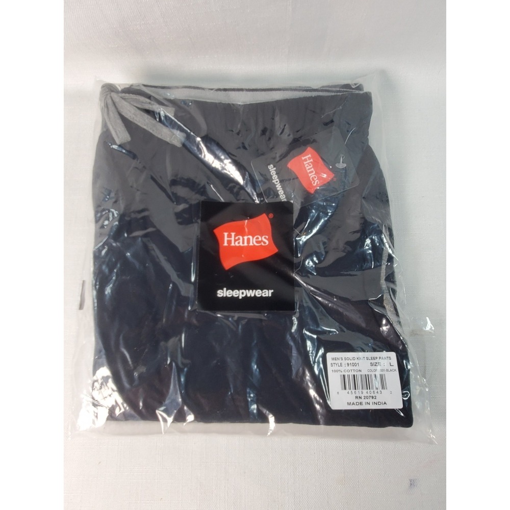 Hanes Solid Knit Sleep Pants w/Drawstring and Pockets Cotton Large Black/Gray